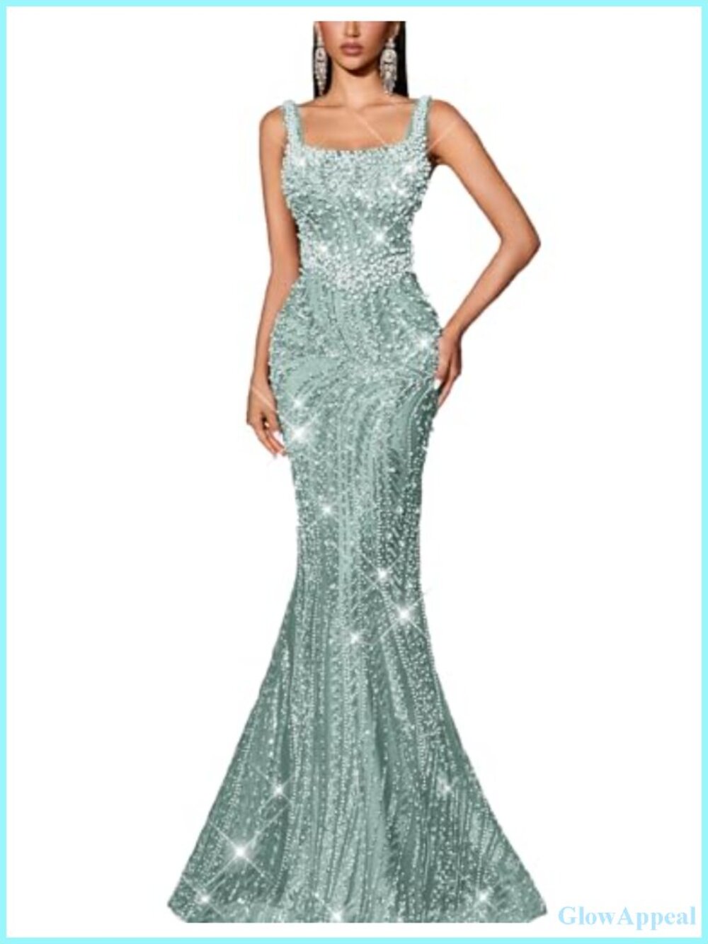 Sequin Beaded Mermaid Prom Dress Spaghetti Strap Square Neck Bodycon Maxi Gown